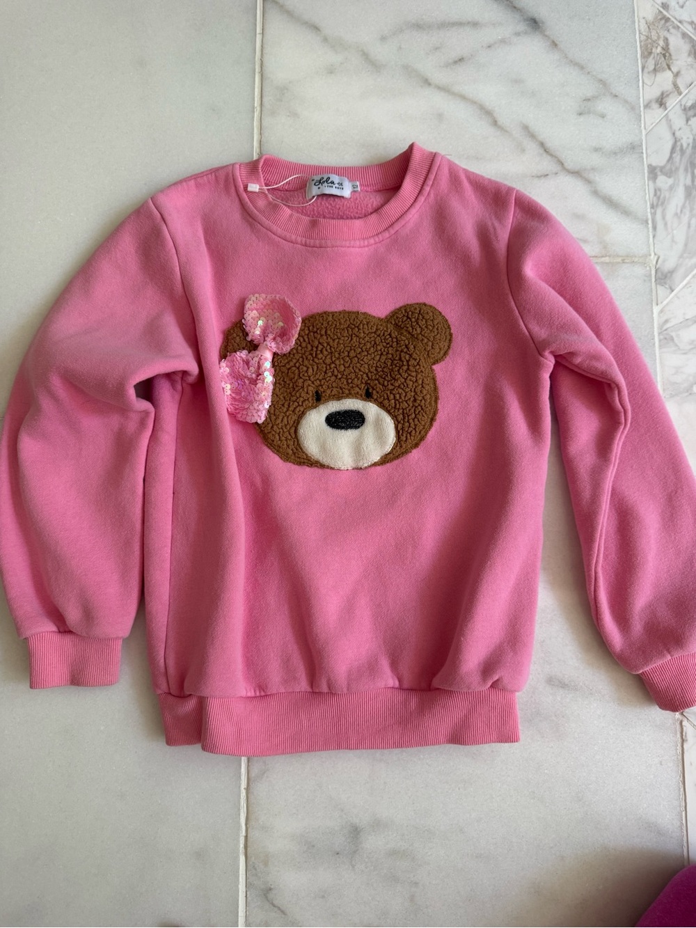 Lola + The Boys Pink Bear Appliqué Sweatshirt with Sequin Bow